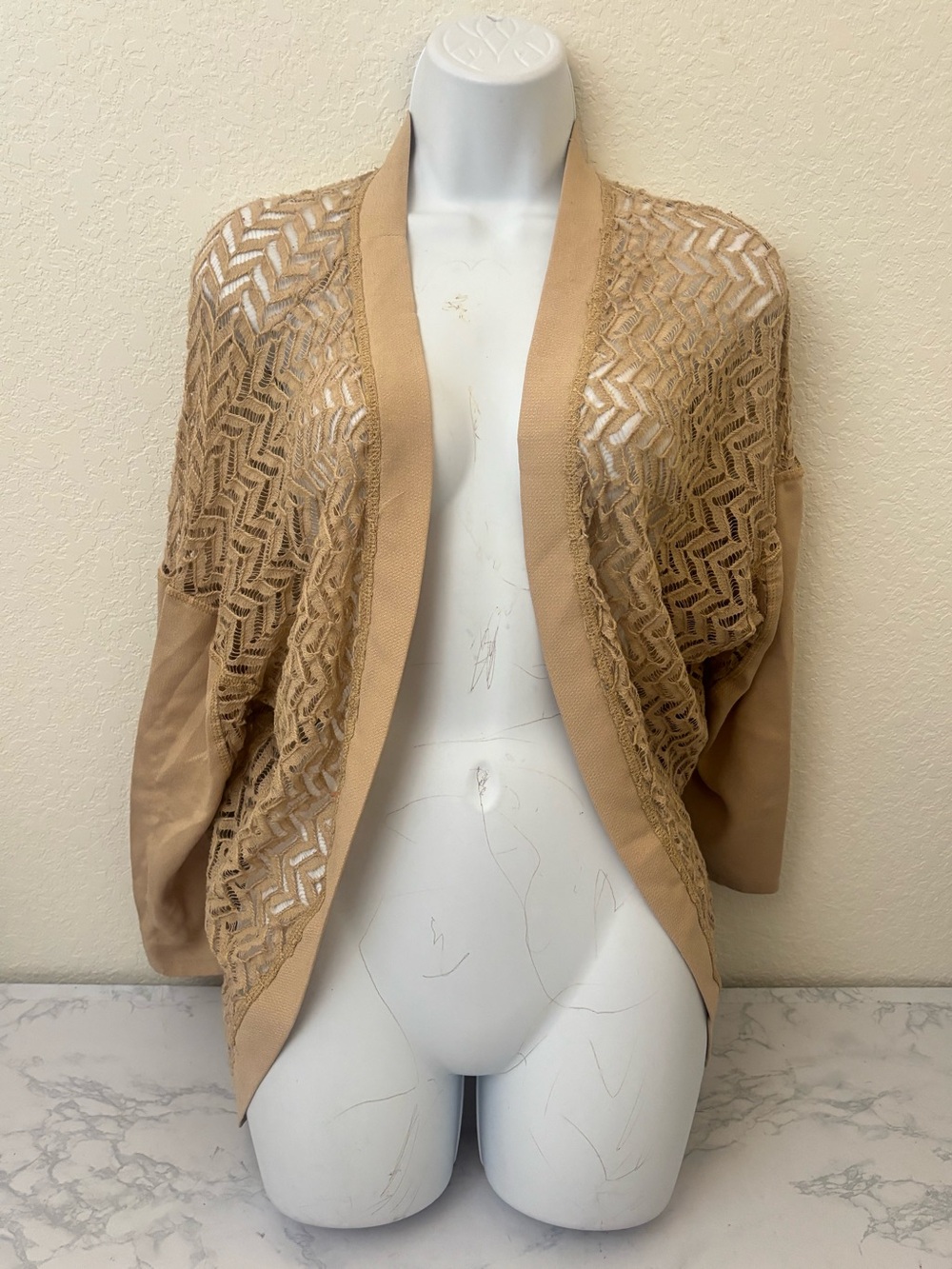 Very J Cardigan Women’s S Tan Lacey Open Long Sleeve Sheer Thin Sweater